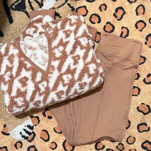Pink Cozy Brown & Cream Fuzzy V-Neck Pullover